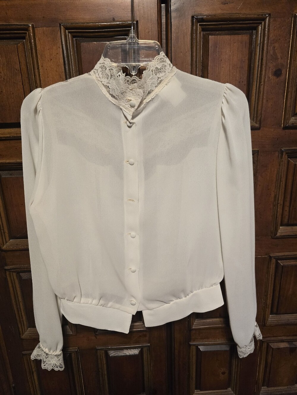 Vtg At Once Women's White Sheer Lace Polyester High Neck Puff Button Blouse Sz S - Picture 7 of 9